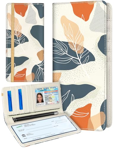 Image of Slohif Checkbook Cover for Personal Duplicate Checks - Leather Check Book Wallet Holder for Women Leaves Print Top Stub