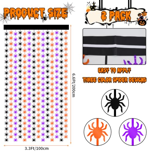 Image of TONIFUL 2Pcs Black Orange Purple Spider Cutout Metallic Foil Fringe Curtain | 3.3ftx6.6ft Photo Booth Backdrop Door Tinsel Streamers Curtains, Props for Halloween Birthday Haunted House Party Decorations