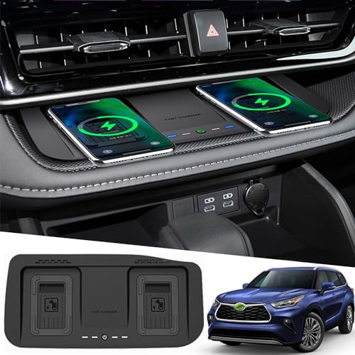 Dual Wireless Charger for Toyota Highlander 2020 2021 2022 2023, 15W Wireless Fast Phone Charging Pad Mat for Toyota Highlander L/LE/XLE/XSE/Limited/Platinum Interior Accessories Upgrades