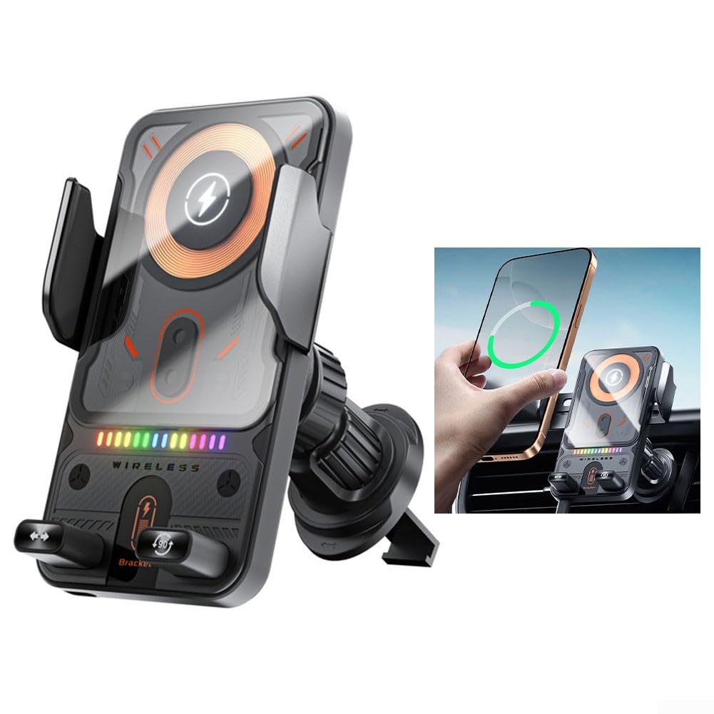 Niceminiwall - Chargeur de voiture sans fil 15W et support de téléphone pour usage en voiture, design à serrage automatique avec un bouton pour ouvrir et fermer, prend en charge la charge rapide (Noir
