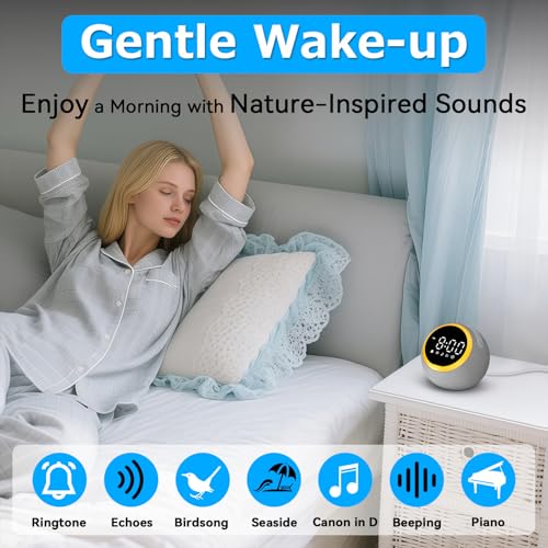 Sound Machine Alarm Clock for Sleep: Digital Alarm Clocks for Bedrooms, 25 Soothing Sounds, 7 Gentle Wake-up Sounds, 16 Adjustable Volume & Timer, Memory Function (Gray) - Image 3