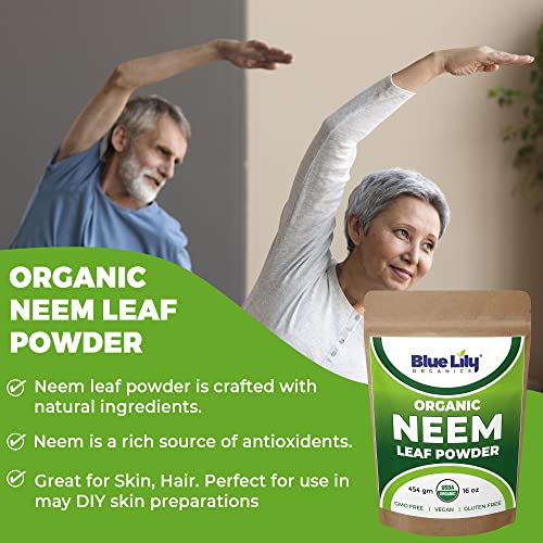 Blue Lily Organics - Organic Neem Leaf Powder (Azadirachta Indica) 16 Oz (454 Gm), Usda Certified, 100% Pure Neem Leaves Powder For Skin & Hair Care, Immune Support, Ideal For All Hair & Skin Types #TOP1