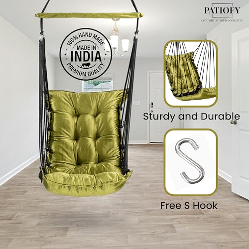Image of Patiofy Jhula for Balcony /Swing for Balcony for Adult /Jhoola for Home /Wooden Swing Indoor /Hammock /Suitable for Indoor & Outdoor / 120Kgs Weight Bearing Capacity (Olive Green)