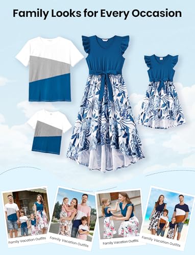 Image of PATPAT Family Matching Outfits Mommy and Me Outfits Floral Dress & Tee Sets | Couples Matching Outfits, Women Girl Flutter Sleeve Dress, Men Boy Cotton Blend T-shirts, Beach Vacation, Family Photoshoot