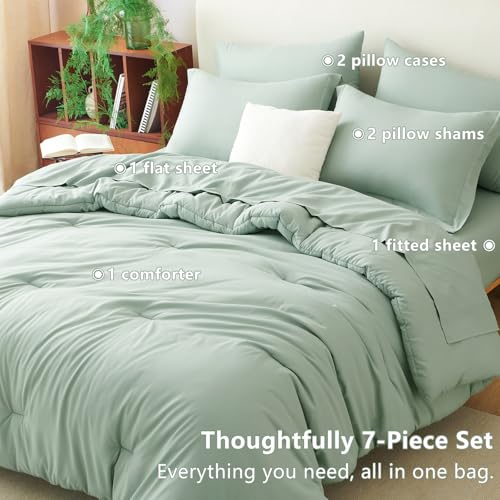 CozyLux Full Comforter Set Sage Green, 7 Pieces Bed in a Bag, Bedding Comforter Set with Sheets, All Season Boho 7PC Bed Sets with Comforter, Fitted Sheets, Flat Sheets, Pillow Shams and Pillowcases