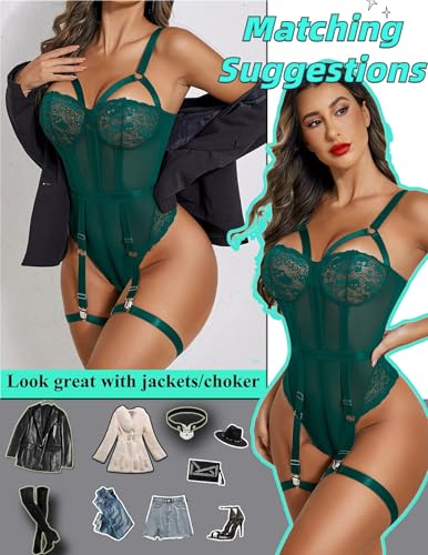 Image of SSoShHub Women Lingerie Set Lace Teddy Strap Babydoll Bodysuit Bikini with Garter Belt One Piece Lingerie Strappy Lingerie