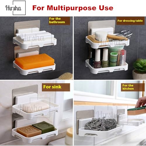 Image of Self Adhesive Soap Holder for Bathroom Wall | Plastic Soap Stand with Drain Tray | Wall Mounted Soap Dish | No Drilling Bathroom Soap Holder (White Rectangular 04)
