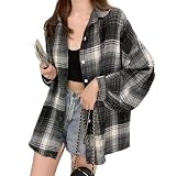 [AUSKY] 上質 シャツ チェック レディース ジャケット ボリューム袖 トップス 長袖 ボタン付き 大人 柔らかい 学生 羽織り ゆったり 綿 可愛い シンプル 韓国風 カジュアル おしゃれ レトロ 体型カバー 春 夏 秋 お出かけ