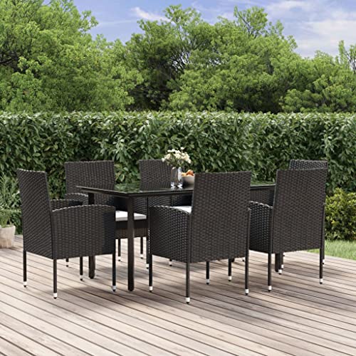 Woonisher 7-TLG. Garten-Essgruppe mit Kissen Schwarz Poly Rattan...