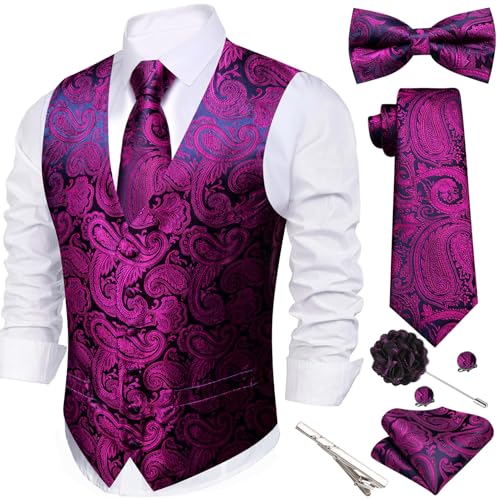 Image of Barry.Wang Men's Suit Vest Tie Bowtie Set Formal Silk Paisley Waistcoat Hanky Cufflinks Lapel Pin Set Wedding Party 7PCS