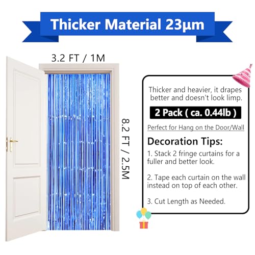 Image of Thicken Blue Streamers 2 Pack 3.2 x 8.2 FT, Blue Foil Fringe Tinsel Backdrop Curtains for Graduation Fathers Day Decorations, Birthday Decorations for Men Boys