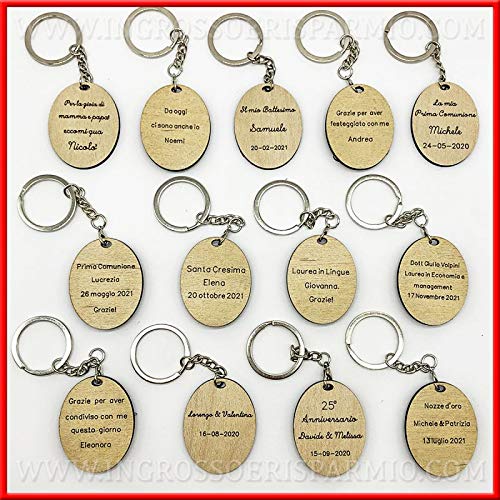 Schlüsselanhänger mit ovalem Anhänger aus Holz und Applikation Nr. 25, personalisierbare Gastgeschenke für Jahrestage, Silberhochzeit (mit Personalisierung, mit grüner Verpackung)