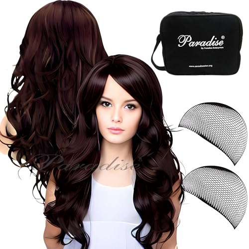 Image of Paradise Hair Wig for Women Long Brown With Burgundy Highlights Wig for Women 28'' Long Straight Brown Hair Wig Natural Cute Wigs for Daily Party Halloween (Includes 2 Wig Cap And 1 Carry Pouch) (Dark Brown)