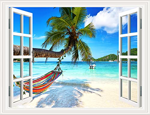 THNWSY 3D Self-Adhesive Painting Fake Window Wall Stickers Tropical Island with Palm Trees Wall Mural Window View Wall Decor for Home (36
