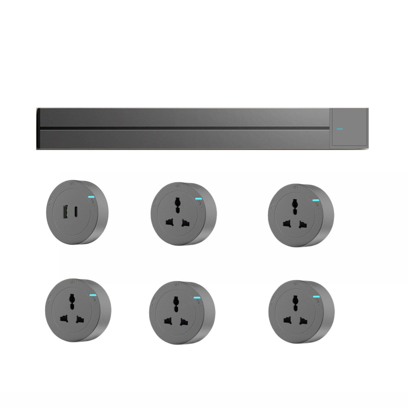 Listwa zasilająca, montowana na ścianie, wyjmowana listwa zasilająca, szyna 100 cm i 6 adapterów, 110–250 V AC, 8000 W, 32 A, listwa zasilająca do kuchni, biura, przyborów szkolnych,Grey