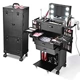 BYOOTIQUE Vintage Rolling Makeup Case with Mirror Light Pro Large Heavy Duty Cosmetic Station Artists Hair Stylist Barber Organized Trolley Lockable