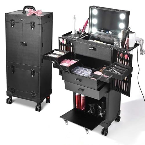 BYOOTIQUE Vintage Rolling Makeup Case with Mirror Light Pro Large Heavy