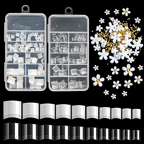 Buqikma Short Nail Tips with White Flower Decoration, 200PCS Short French Square Tips with 3D Nail Art Charm Decoration for Salon and DIY Manicures
