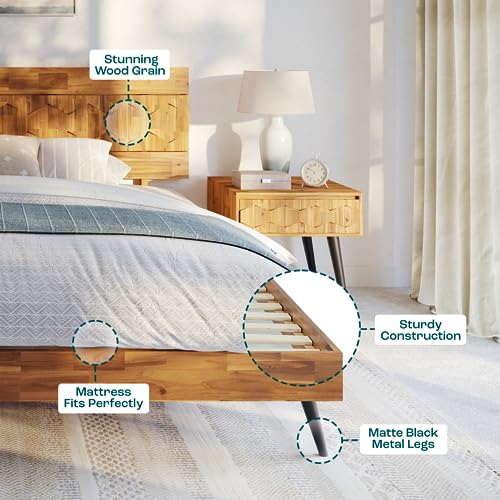 Image of Bme Georgina Signature Bed Frame with Handcrafted Geometric Headboard, Mid Century Modern, Solid Acacia Wood, No Box Spring Needed, 12 Strong Wood Slats Support, Easy Assembly, Teak Brown, King