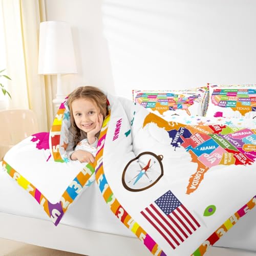 Image of Feelyou USA Map Bedding Set Full, Geography USA Map Comforter Set for Boys Girls Educational Comforter Learning Time Duvet Set 3Pcs