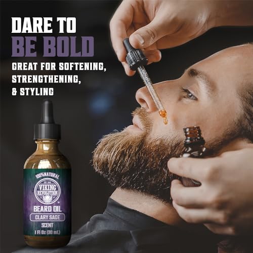 Image of Viking Revolution Beard Oil with Clary Sage for Men - Natural Blend with Argan and Jojoba Oils for Softening, Strengthening, and Moisturizing