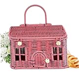 Canasta de Cosecha de jardín, Cesta de Almacenamiento de ratán en Forma de casa de 9.5x6.3 Pulgadas con Tapa y manejo de Botones de Mimbre