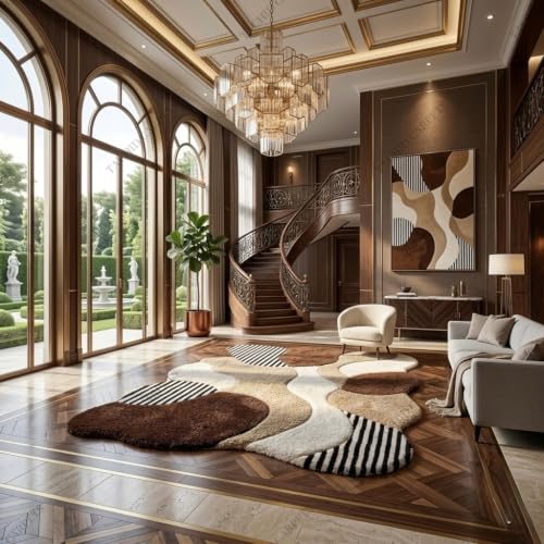 Image of Tauhid Carpet Super Soft Microfiber Shaggy Area Rug | Modern Irregular Abstract Beige Brown & Ivory Plush Carpet | Fluffy Floor Rug for Living Room, Bedroom 6 x 8 Feet.