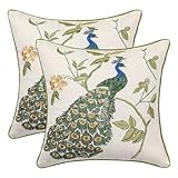 Holibeat Embroidered Peacock Throw Pillow Covers 18 * 18 inches Spring Decoration Pillowcases (Pack of 2) (White)