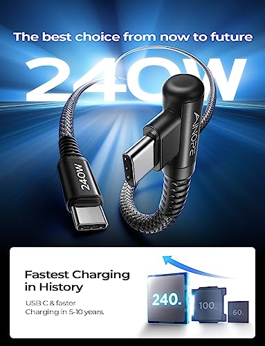 Image of AINOPE 240W USB C to USB C Cable (6.6ft 2Pack) USB C to USB C Fast Charging Cable, Right Angle USB C Charger Cable for iPhone16 Charger Cord, MacBook Pro, iPad Pro /Air,Samsung,Black