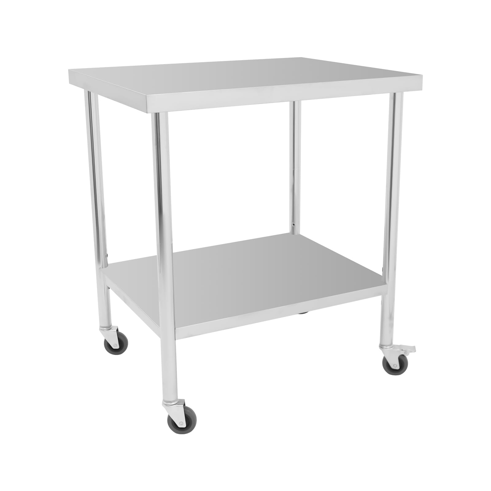 Banco de trabajo de acero inoxidable con ruedas, 76 x 60 x 85 cm, mesa de preparación de alimentos, mesa de trabajo comercial, para cocina, bar, restaurante, plata