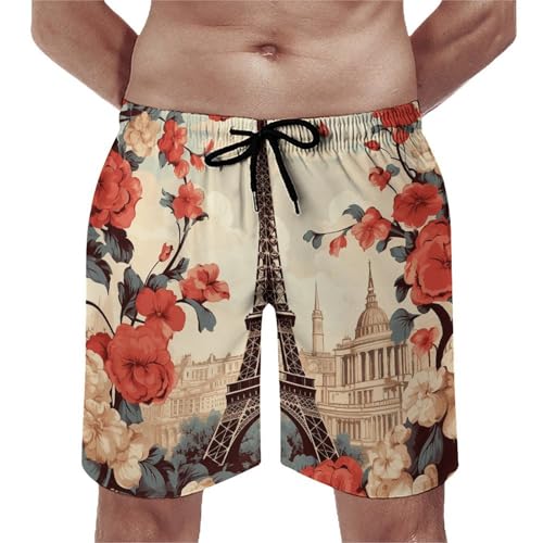 Mens Shorts Paris Vintage Floral Men Swim Trunks Quick-Dry Beach Shorts with Drawstring Pocket Bathing Suit