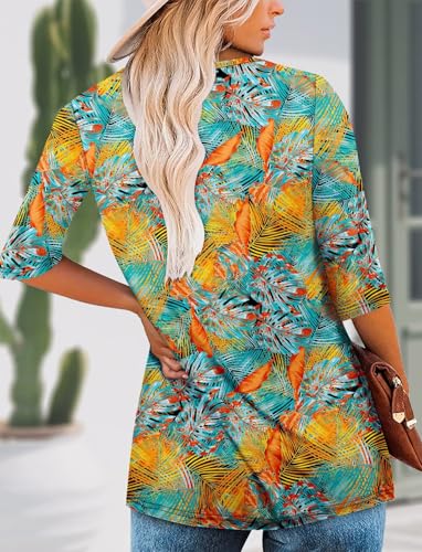 KISSMODA Tunic Tops for Women Loose Fit Dressy Round Neck Pleated 3/4 Length Sleeve Spring Tops