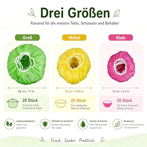 Elastische Frischhaltebeutel Set, Packung von 60 Abdeckhauben für Lebensmittel, Wiederverwendbare Lebensmittel Abdeckhauben, Bunte Frischhaltefolie, für Gemüse, BBQ, Hotel Duschkappe