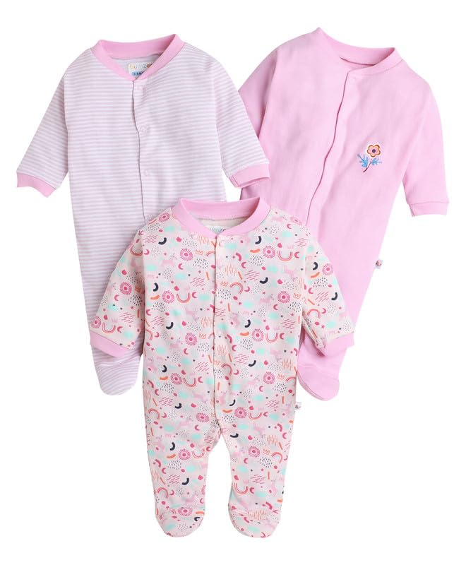 Image of BUMZEE Baby Girls Jumpsuit Baby & Full Sleeves Sleepsuit Pack Of 3