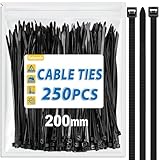 Caianwin 250 Stück Kabelbinder 4,8 mm x 200 mm, Zugfestigkeit Bis Zu 22 KG, Nylon Kabelbinder Schwarz für Industrie, Gartenbau, Kabelindustrie
