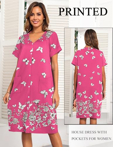 Image of Ekouaer House Dresses for Women with Pockets Button Down Nightgowns Plus Size Moo Moos Mumu Dresses Floral Print S-3XL
