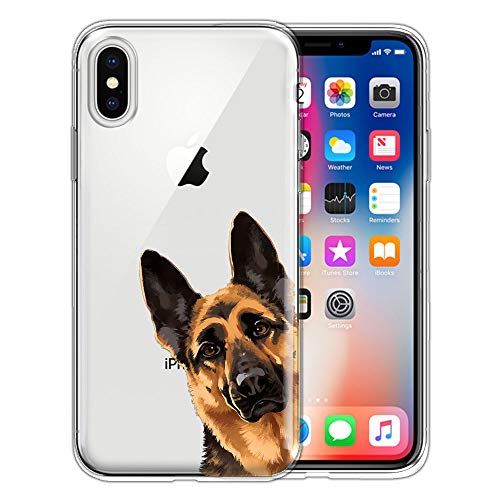 FINCIBO Clear Transparent TPU Silicone Protector Case Cover Soft Gel Skin Compatible with Apple iPhone X XS 5.8 inch - Black Tan German Shepherd Dog Hide and Seek
