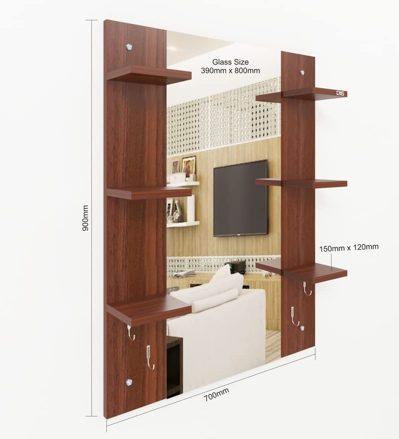 Image of MAMTA Decoration Engineered Wood Wall Mount Dressing Table Mirror with Shelves Storage for Living Room Bedroom (Classic Walnut Finish)
