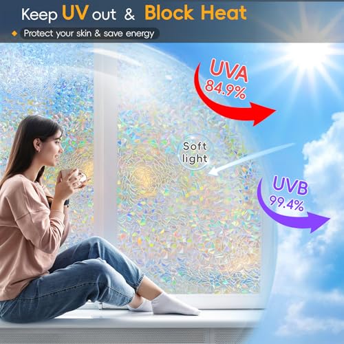 Rainbow Privacy Window Film: Heat Blocking, 3D Design, Easy Apply, Room Decor - 17.5 x 78.74