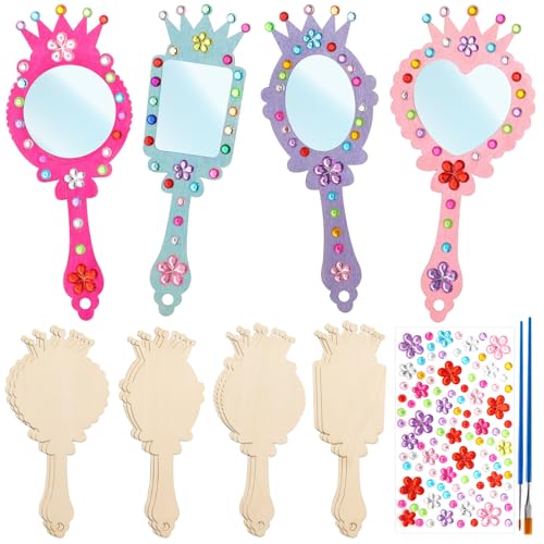 XJWWHZ 12 Pack Wooden Mirror Craft for Kids, DIY Princess Mirrors for Girls, Paint Wooden Hand Mirror for Art Activities