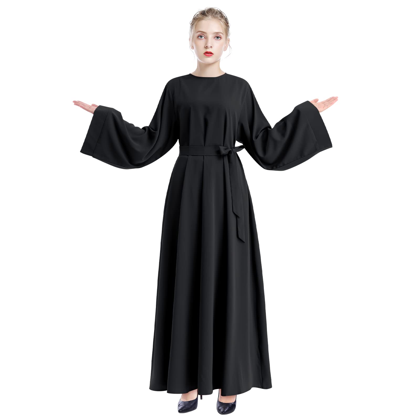 IWEMEK Robe Musulmane Femme Prière Abaya Dubai Simple Moderne Vêtement Islamique Moyen-Orient Turquie Kaftan 1 Pièce Couleur Unie Manches Longue avec Chaîne Perles Soirée Mariage S-XXL