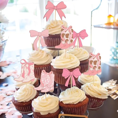 Image of Cowgirl Boots Pink Bow Cupcake Topper,Cowgirl Theme Birthday Decorations | Cowgirl Birthday Party Decor,Boy Or Girl Gender Reveal Cake Topper
