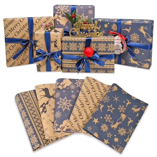 Christmas Wrapping Paper Set 10 Pack Folded Sheets (5 Designs 2 Each) 70x50cm Kraft & Navy Gift Wrap Paper with Reindeer and Snowflake Prints Recyclable Xmas Wrapping for Gifts & Holidays