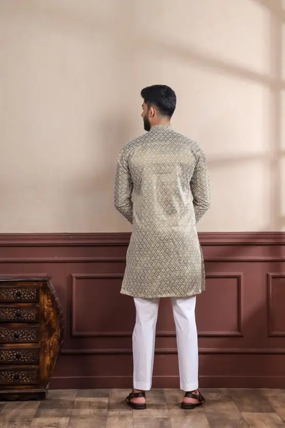 Image of LookMark Men's Printed Silk Blend Kurta with Mandarin Collar, Full Sleeves, Straight Fit Traditional Ethnic Wear