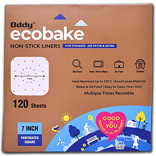Oddy Uniwraps Ecobake Non Stick Parchment Liners for Steamer, Airfryer & More – Perforated, 7 Inch Square, 120 Pcs, White, 170 mm (LS-07)