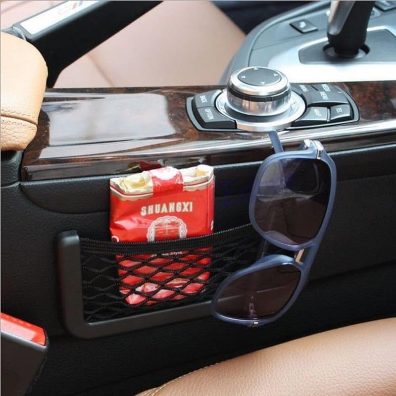 Image of Universal Car Seat Side Storage Net Pocket, Elastic Mesh Phone Holder, Accessories for Mobile Phone, Wallet, Keys, Sunglasses Automobiles, Pocket Organizer String (Black, 1 Pcs)