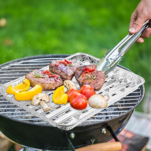 Seewey 50 Pcs Aluminum Broiler Pans 13.4 X 8.8 X 0.7 Inch Disposable Aluminum Foil Pans With Holes Aluminum Grill Liner Topper With Ribbed Bottom Surface For Bbq Grilling Trays Foil Grill Drip Pans #TOP6