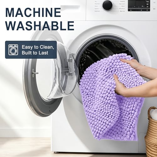 Image of Smiry Thick Chenille Bathroom Rugs 36x24, Extra Soft Absorbent Striped Bath Mat, Machine Washable, Rubber Backing, Bath Rugs for Tub & Shower, Modern Home Decor Accessories, Lavender