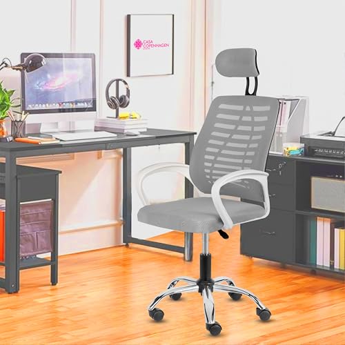 Image of Casa Copenhagen,Mesh Office Desk Chair,Rocking Ergonomic Computer Chair Adjustable High with Headrest and Comfortable Armrest Swivel- Grey Milanage & White Handle