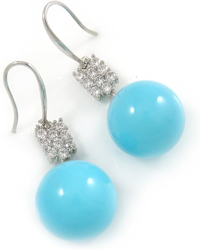 Light Blue Ceramic Bead Clear CZ Drop Earrings 925 Sterling Silver - 40mm L, silver, white / ivory, cyan / aqua